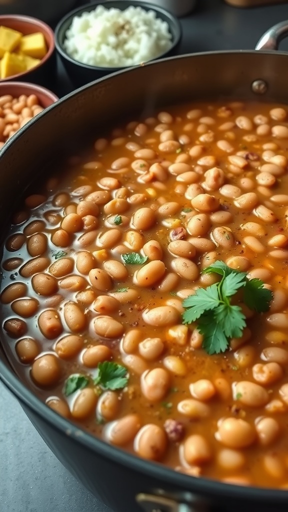 A pot of savory pinto beans garnished with cilantro, surrounded by rice and cornbread.